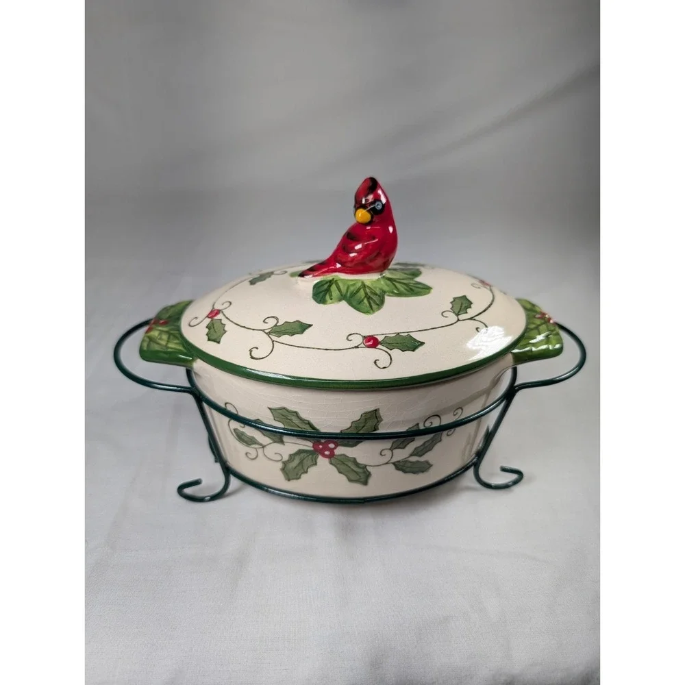 Temptations by Tara Cardinal 9oz Oval Casserole w/Lid & Wire Holder/Rack New